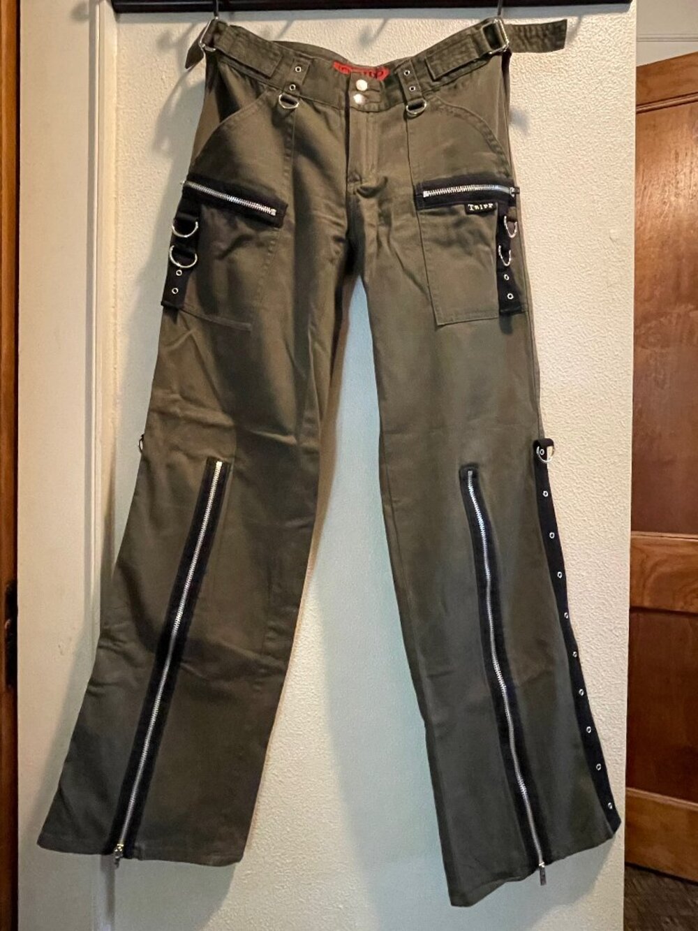 RARE Vintage Y2K NWOT Tripp NYC bondage pants 5 wide leg army olive green HTF 27